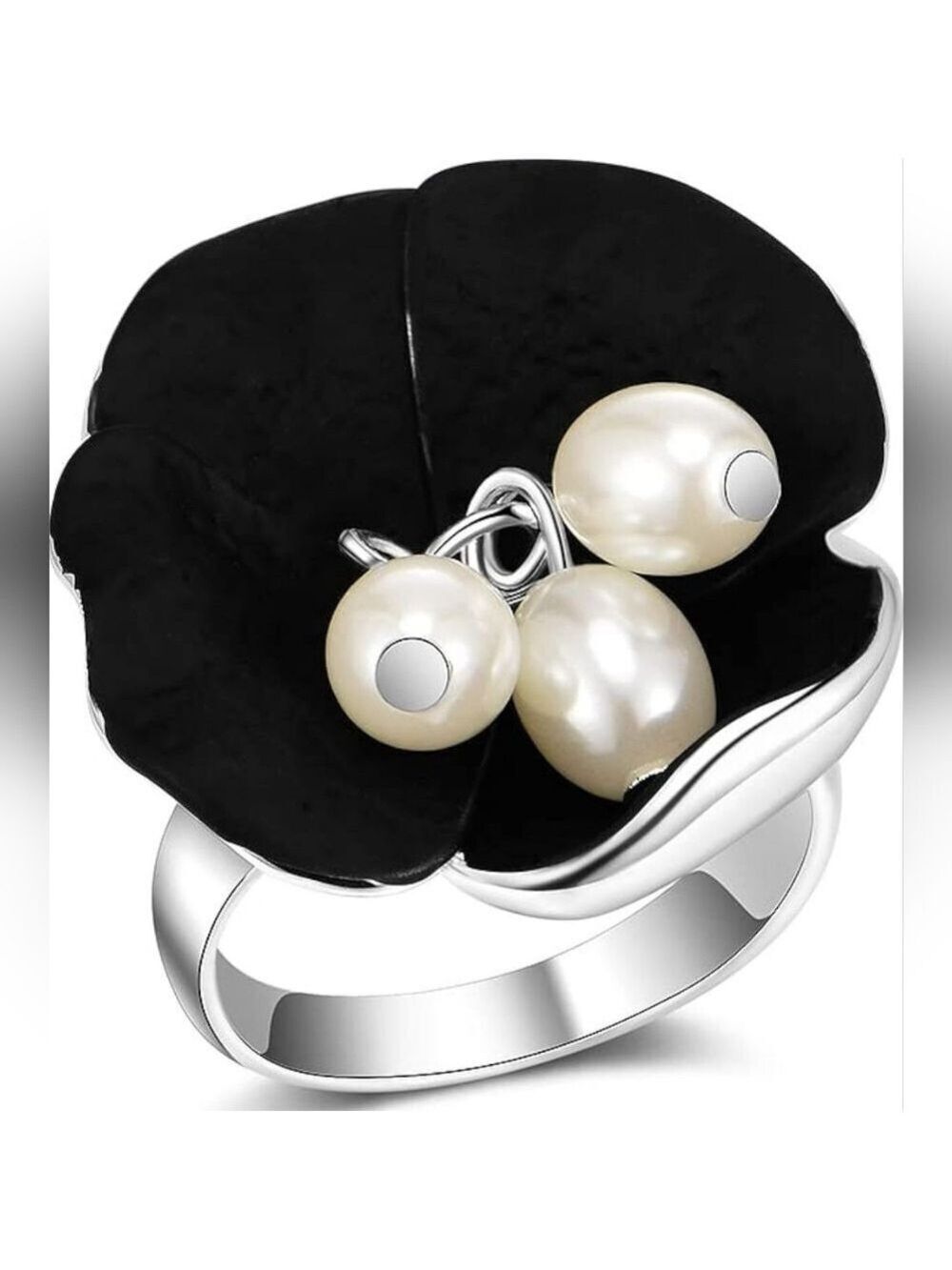 Floral Design Statement Ring with Black Petals and Artificial Pearls